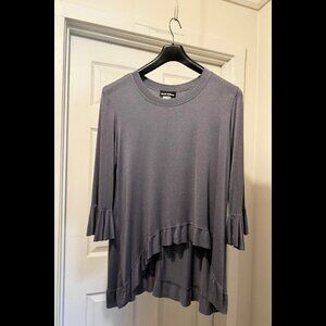 Gray Up/Down Jersey Knit Top with Ruffle Trim at Cuff and Hem Size L